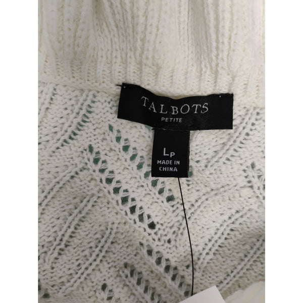 Talbots NEW Sz L Petite Ivory Open Weave Ruffle Neck Cotton Blend Sweater