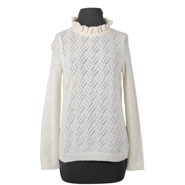 Talbots NEW Sz L Petite Ivory Open Weave Ruffle Neck Cotton Blend Sweater