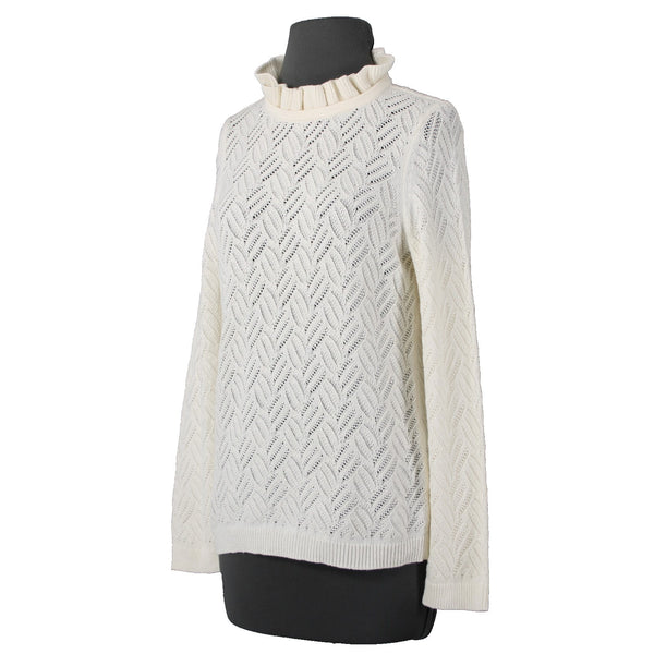 Talbots NEW Sz L Petite Ivory Open Weave Ruffle Neck Cotton Blend Sweater