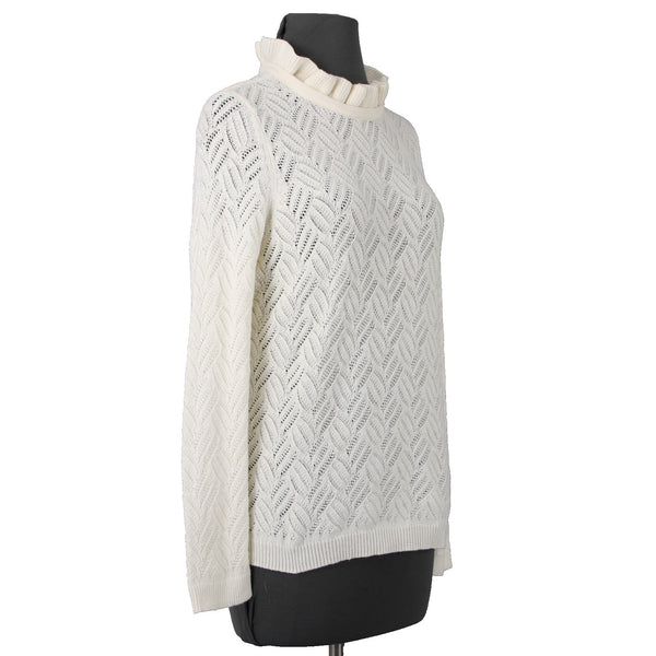 Talbots NEW Sz L Petite Ivory Open Weave Ruffle Neck Cotton Blend Sweater