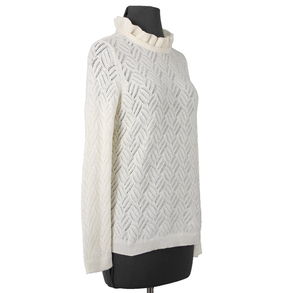 Talbots NEW Sz L Petite Ivory Open Weave Ruffle Neck Cotton Blend Sweater