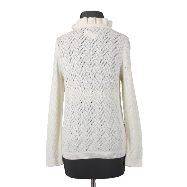 Talbots NEW Sz L Petite Ivory Open Weave Ruffle Neck Cotton Blend Sweater