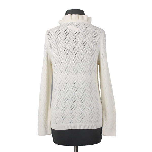 Talbots NEW Sz L Petite Ivory Open Weave Ruffle Neck Cotton Blend Sweater