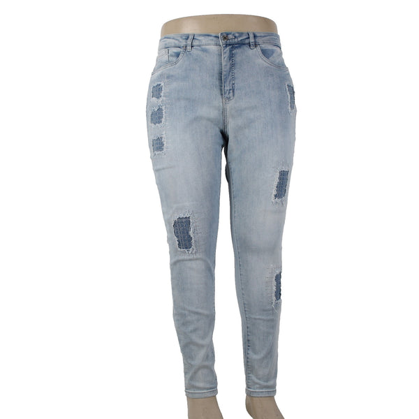 Joseph Ribkoff Jeans Sz 18 x 30 Lt Blue Denim Distress Embelsh Slim Cotton Jeans
