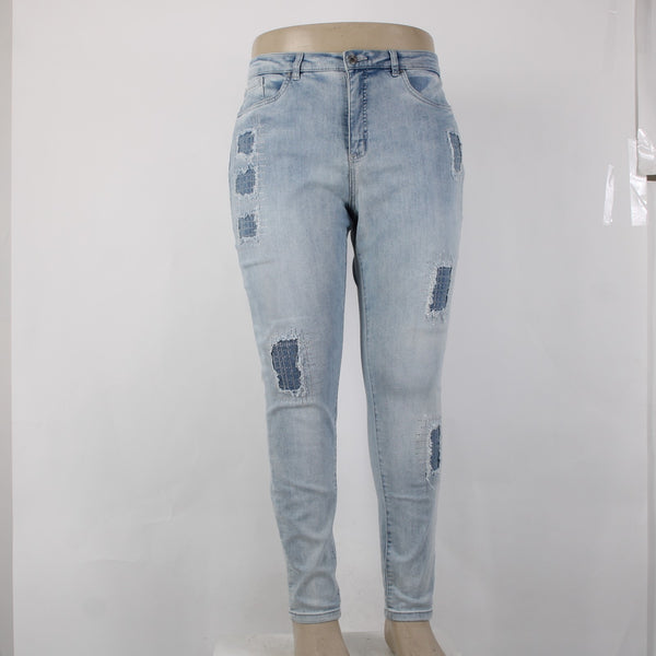 Joseph Ribkoff Jeans Sz 18 x 30 Lt Blue Denim Distress Embelsh Slim Cotton Jeans