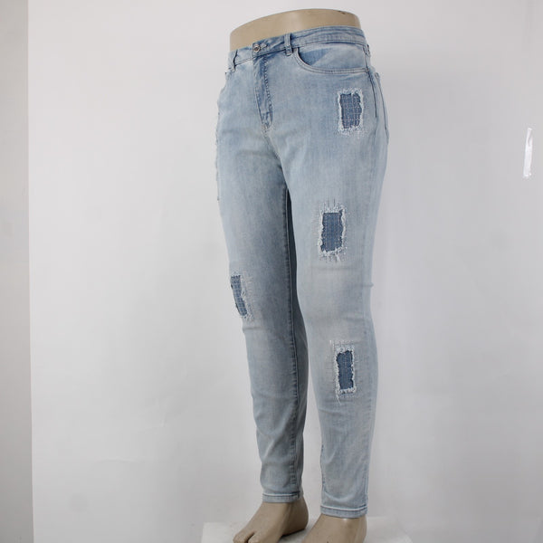 Joseph Ribkoff Jeans Sz 18 x 30 Lt Blue Denim Distress Embelsh Slim Cotton Jeans