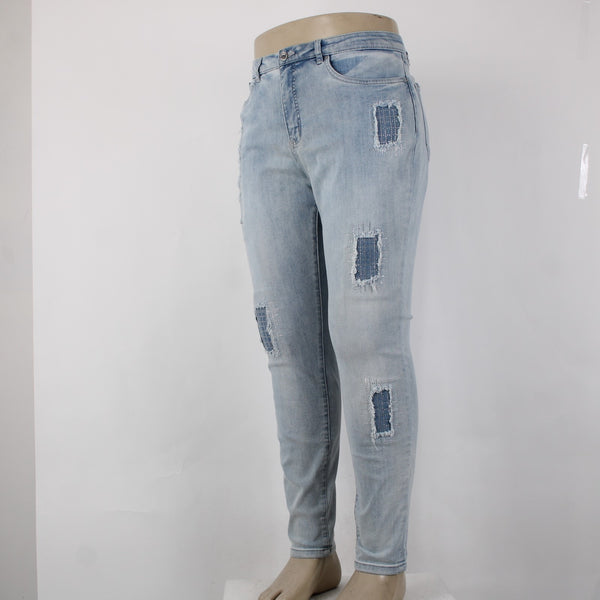 Joseph Ribkoff Jeans Sz 18 x 30 Lt Blue Denim Distress Embelsh Slim Cotton Jeans