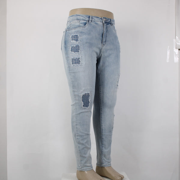 Joseph Ribkoff Jeans Sz 18 x 30 Lt Blue Denim Distress Embelsh Slim Cotton Jeans