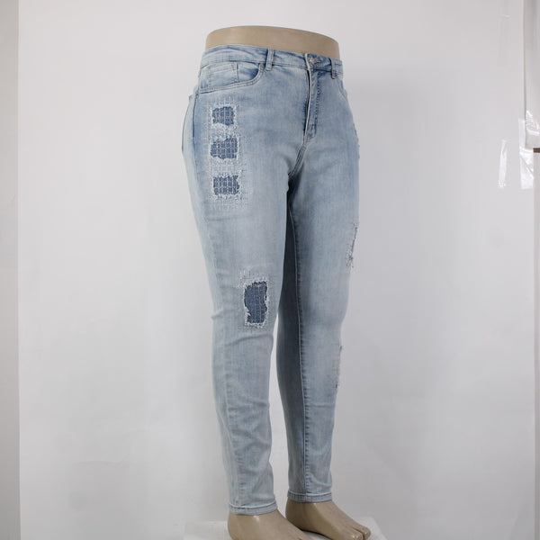 Joseph Ribkoff Jeans Sz 18 x 30 Lt Blue Denim Distress Embelsh Slim Cotton Jeans