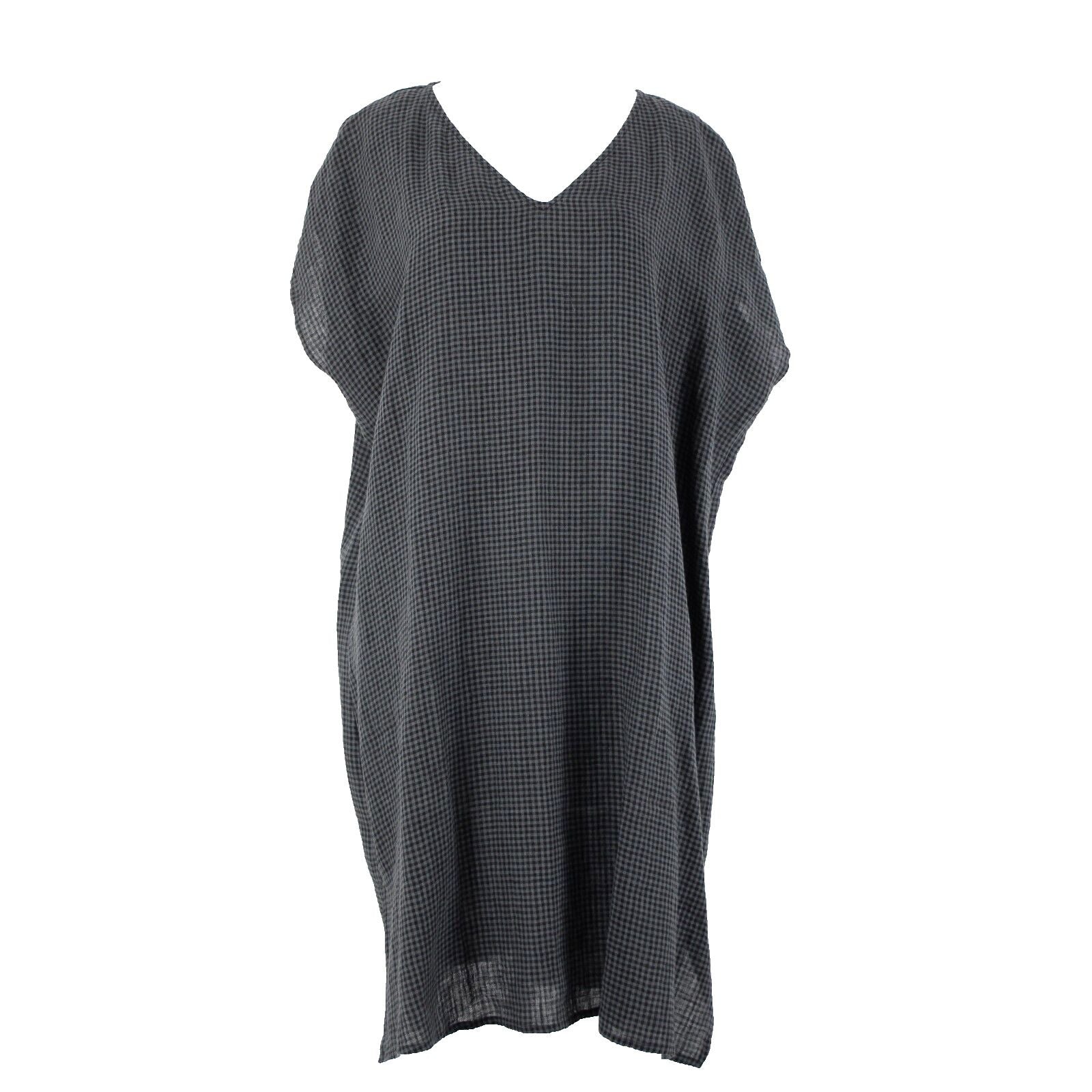 Eileen Fisher NEW $228 Sz M Black Gray Plaid V Neck 100% Organic Linen Dress