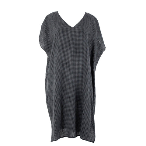 Eileen Fisher NEW $228 Sz M Black Gray Plaid V Neck 100% Organic Linen Dress