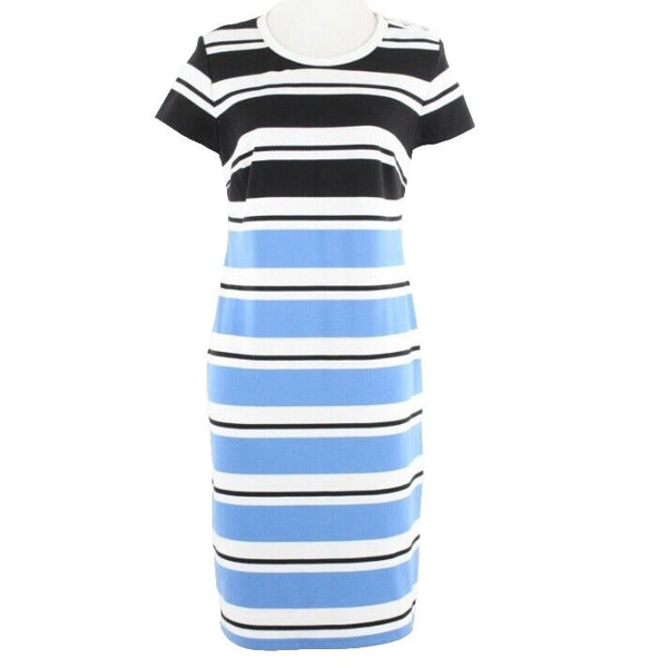 Jones New York Sz L Black Blue White Stripe Polyester Blend Dress