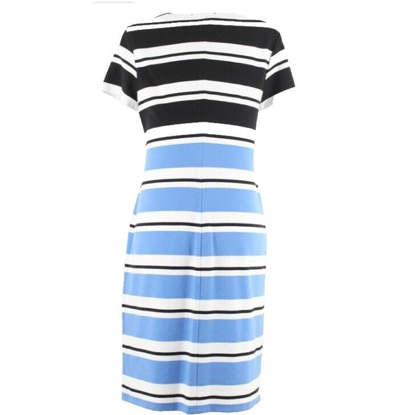 Jones New York Sz L Black Blue White Stripe Polyester Blend Dress