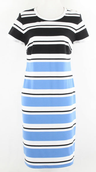 Jones New York Sz L Black Blue White Stripe Polyester Blend Dress