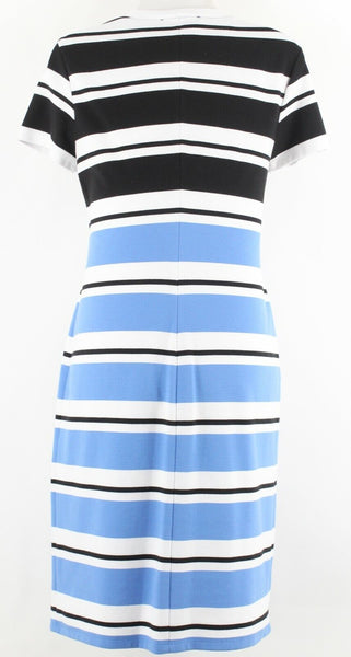 Jones New York Sz L Black Blue White Stripe Polyester Blend Dress