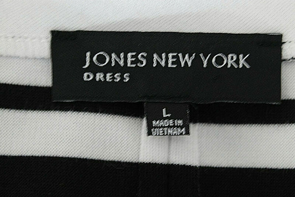 Jones New York Sz L Black Blue White Stripe Polyester Blend Dress