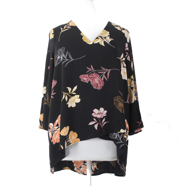 Joseph Ribkoff Top Sz 18 Black Multi Colored Floral V Neck Hi Lo Top