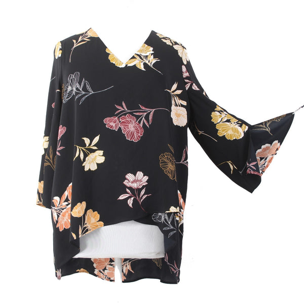 Joseph Ribkoff Top Sz 18 Black Multi Colored Floral V Neck Hi Lo Top