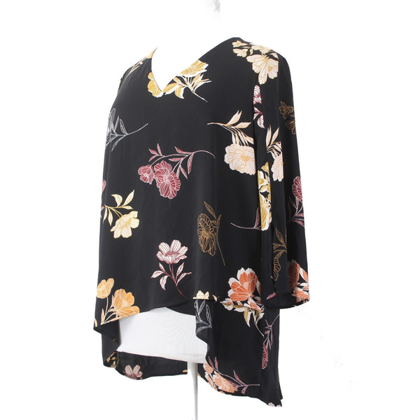 Joseph Ribkoff Top Sz 18 Black Multi Colored Floral V Neck Hi Lo Top