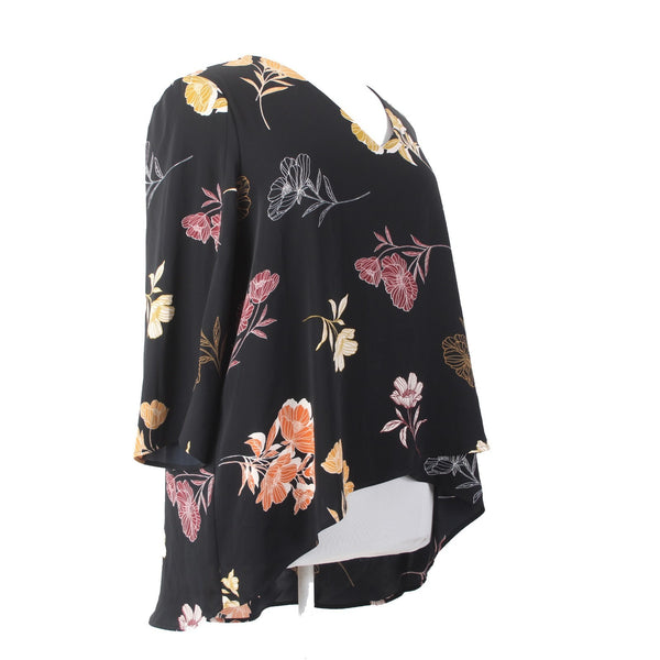 Joseph Ribkoff Top Sz 18 Black Multi Colored Floral V Neck Hi Lo Top