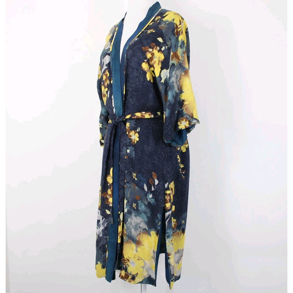 Chicos Sz S/M Navy Blue Yellow Multi Color Floral Tie 100% Rayon Robe Jacket