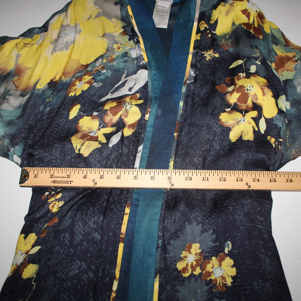 Chicos Sz S/M Navy Blue Yellow Multi Color Floral Tie 100% Rayon Robe Jacket