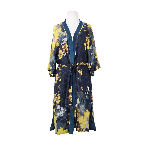 Chicos Sz S/M Navy Blue Yellow Multi Color Floral Tie 100% Rayon Robe Jacket