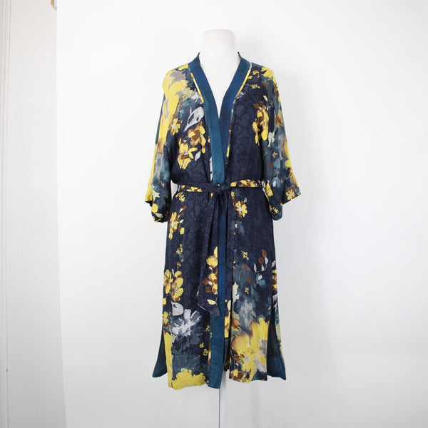 Chicos Sz S/M Navy Blue Yellow Multi Color Floral Tie 100% Rayon Robe Jacket