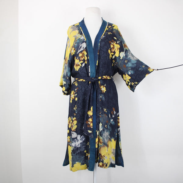 Chicos Sz S/M Navy Blue Yellow Multi Color Floral Tie 100% Rayon Robe Jacket