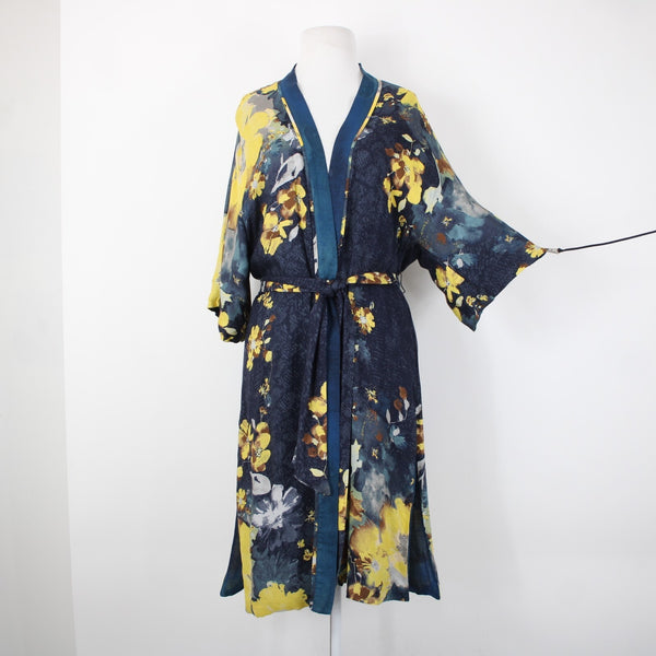 Chicos Sz S/M Navy Blue Yellow Multi Color Floral Tie 100% Rayon Robe Jacket