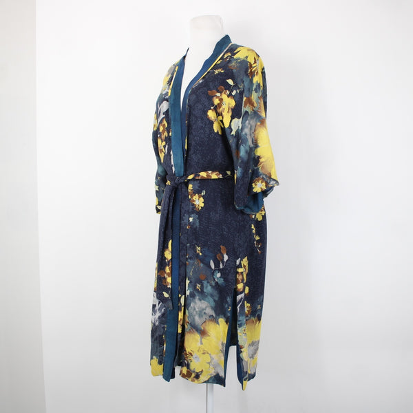 Chicos Sz S/M Navy Blue Yellow Multi Color Floral Tie 100% Rayon Robe Jacket