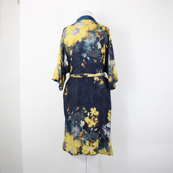 Chicos Sz S/M Navy Blue Yellow Multi Color Floral Tie 100% Rayon Robe Jacket