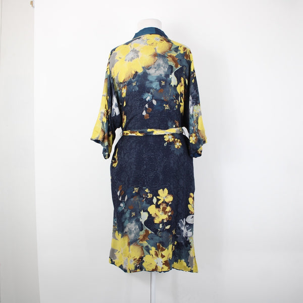 Chicos Sz S/M Navy Blue Yellow Multi Color Floral Tie 100% Rayon Robe Jacket