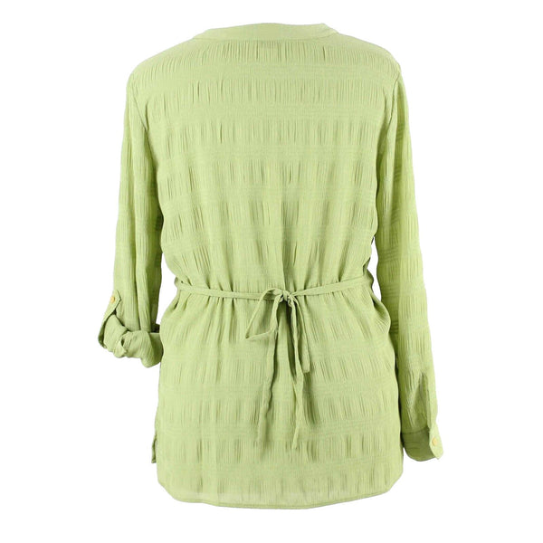 Notations Sz XL Bright Green Self Belt Tabs Button Up 100% Polyester Top