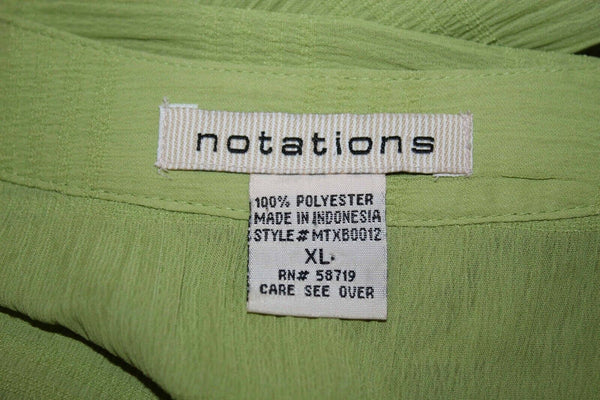 Notations Sz XL Bright Green Self Belt Tabs Button Up 100% Polyester Top