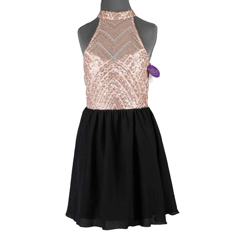 Speechless NEW $57 Sz 11 Pink Rose Black Sequin Open Back 100% Poly Nylon Dress