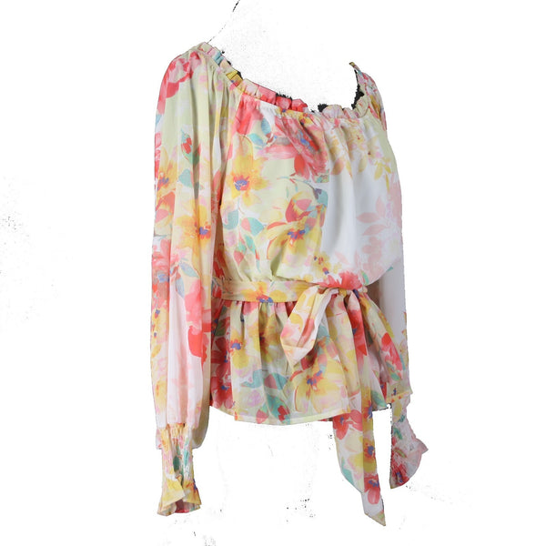 Flying Tomato Top NEW $41 Sz M Pink Yellow Multi Colored Floral 100% Poly Top