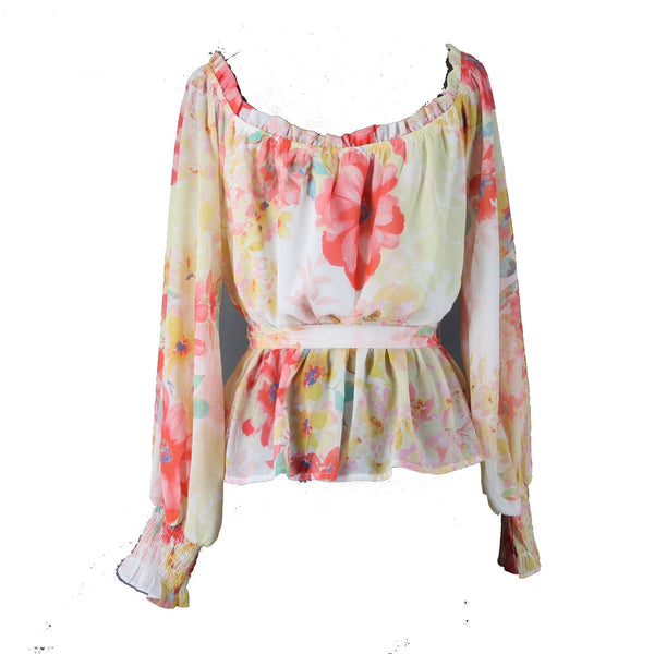 Flying Tomato Top NEW $41 Sz M Pink Yellow Multi Colored Floral 100% Poly Top