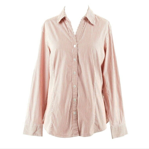 Chicos Sz 2 Red White Silver Stripe Button Up Cotton Nylon Spandex Top