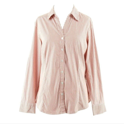 Chicos Sz 2 Red White Silver Stripe Button Up Cotton Nylon Spandex Top