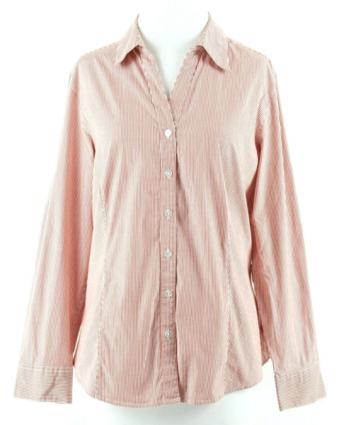 Chicos Sz 2 Red White Silver Stripe Button Up Cotton Nylon Spandex Top