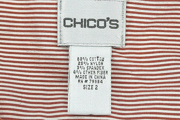 Chicos Sz 2 Red White Silver Stripe Button Up Cotton Nylon Spandex Top