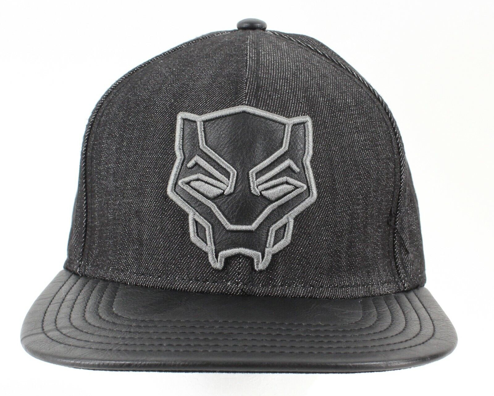 Marvel Black Panther Emblem Black Denim Adj 100% Cotton Faux Leather Cap