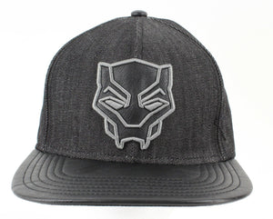 Marvel Black Panther Emblem Black Denim Adj 100% Cotton Faux Leather Cap