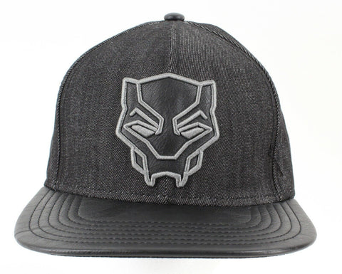 Marvel Black Panther Emblem Black Denim Adj 100% Cotton Faux Leather Cap