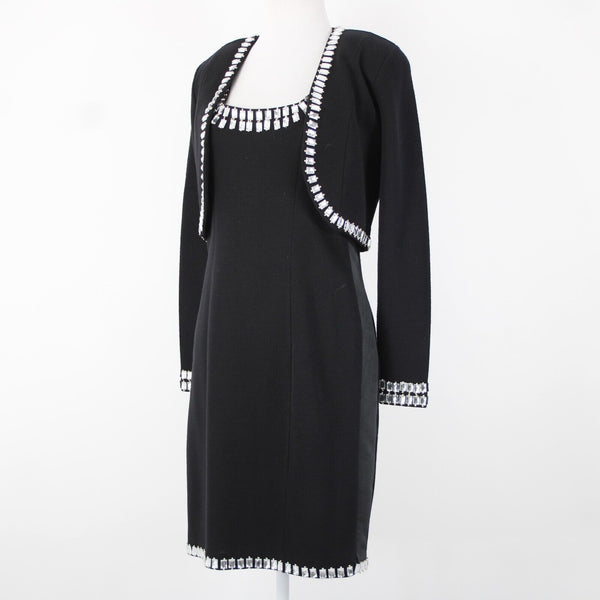 Lillie Rubin Sz S Black 2 Piece Rhinestone Trimmed Gold Beads Acrylic Wool Dress