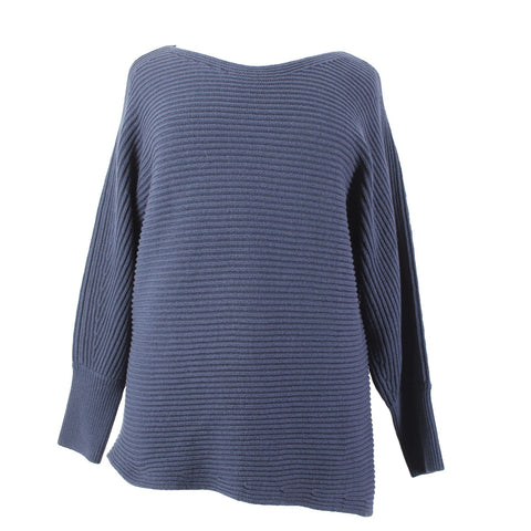 Cabi Sweater Sz XL Blue Ribbed Round Neck Asymmetrical Cotton Acrylic Sweater
