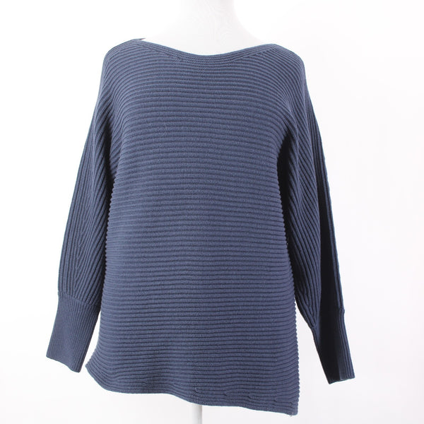 Cabi Sweater Sz XL Blue Ribbed Round Neck Asymmetrical Cotton Acrylic Sweater