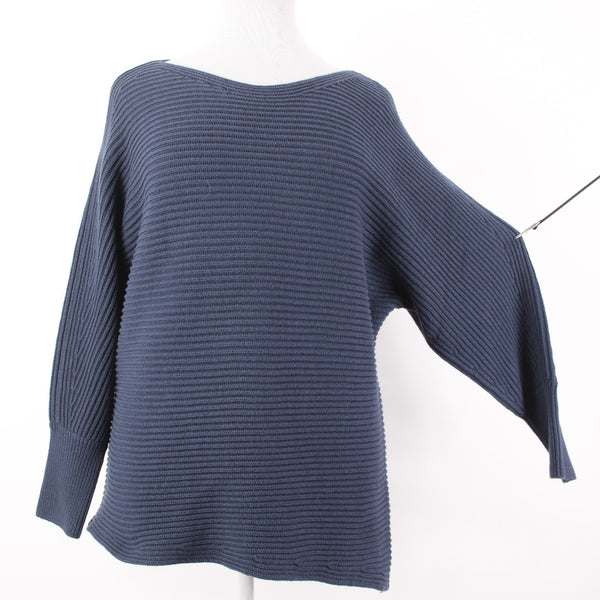 Cabi Sweater Sz XL Blue Ribbed Round Neck Asymmetrical Cotton Acrylic Sweater