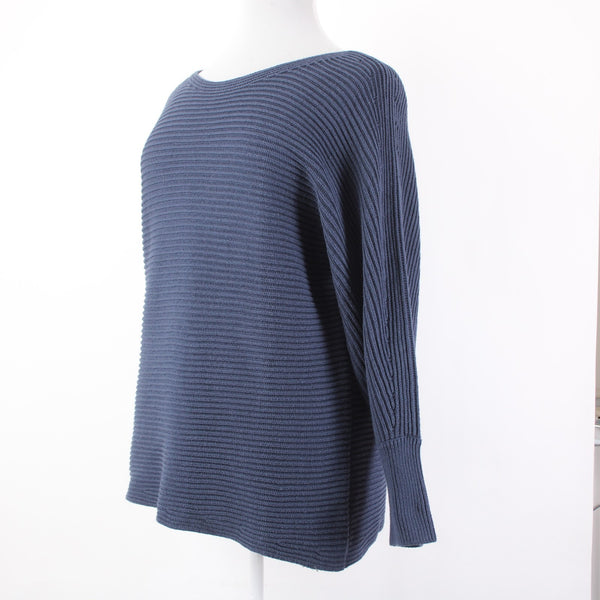 Cabi Sweater Sz XL Blue Ribbed Round Neck Asymmetrical Cotton Acrylic Sweater
